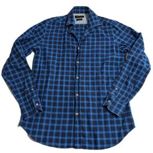 Massimo Dutti Mens Medium Blue Black Plaid Button Down Shirt Slim Fit Cotton